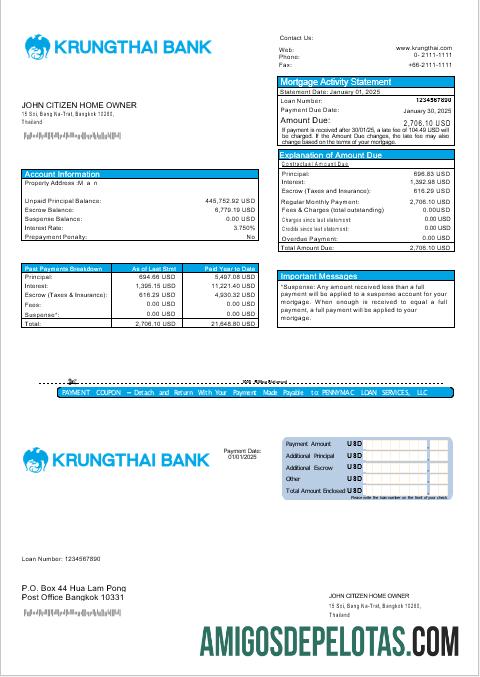 Extrato de hipoteca do Banco Krungthai da Tailândia em formatos Word e PDF baixar para verificação